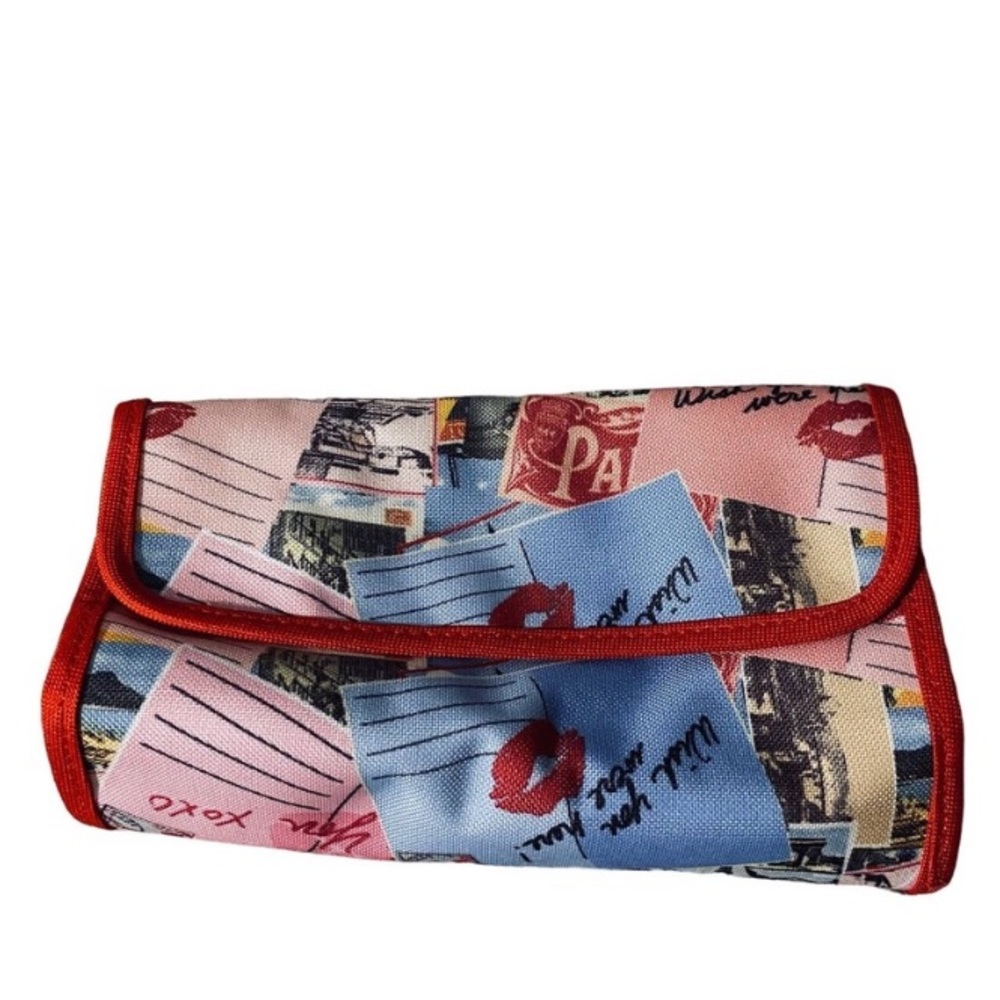 Lancome Red Multicolor Paris Detail Roll Up Zipper Compact Cosmetic Bag